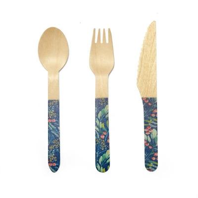 China Birch Wood 100% Biodegradable Bulk Disposable Wooden Cutlery Set Wooden Spoons Forks Knife With Printing for sale