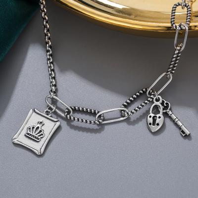 China Retro Style Sterling Silver Girls CLASSIC 925 Sterling Silver Crown Key Pendant Thai Jewelry Hip Hop Bracelet for sale