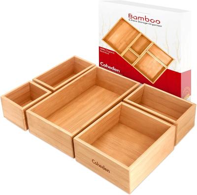 China Folding Bamboo Organizer Flexible and Configurable 5 Pieces Storage Box Drawer Set Assorted Sizes Desktop Organizer Junk Storage Box for sale