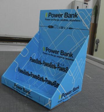 China Power Bank Cardboard Counter Display with tailored holes and shelves for sale