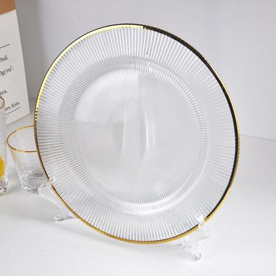 China Amazon Sustainable Hot Selling Wholesale Stylish Glass Charger Dish With Gold Rim Wedding Chargers for sale