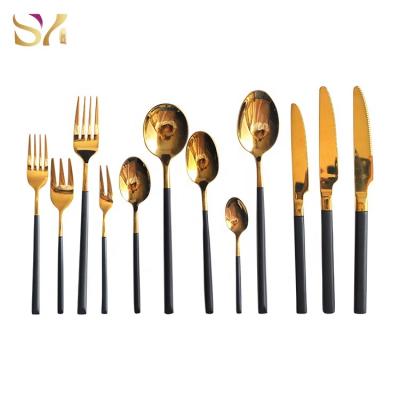 China Elegant Disposable Wholesale Restaurant Gold Cutlery Sets With Black Handle Stainless Steel Flatware Spoon Fork For Wedding for sale