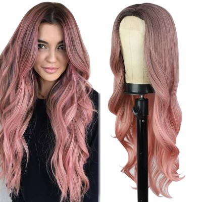 China Wholesale 26inch Water Wave Hot Pink Wigs Long Black Wavy Pink Lace Front Wig Dark Roots Ombre Synthetic Gradient Dyed Pink Lace Front Wig for sale