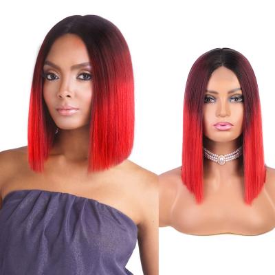 China New Arrival Straight Straight Wine Red Color Short Ombre Hair Wig Lace Front Cuticle Cuticle Lead Synthetic Wigs Ready To Ship Design 2023 for sale