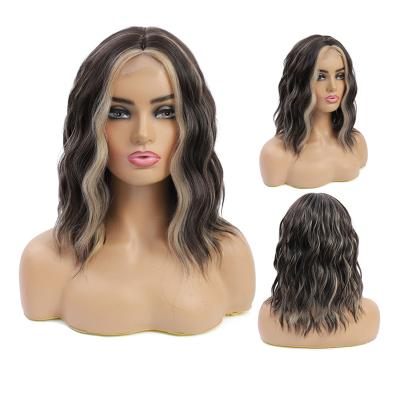 China 16inch brown ombre wave hair extension wigs synthetic lace front wigs popular natural black short small u part lace u part synthetic hair extension wigs for sale