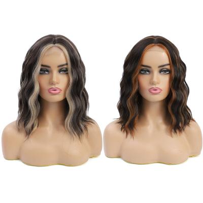 China Popular Short Natural Water Wave 16inch Full Lace Wigs Ombre No Bangs Highlight Short Brown U Part Lace Color Synthetic Hair for sale