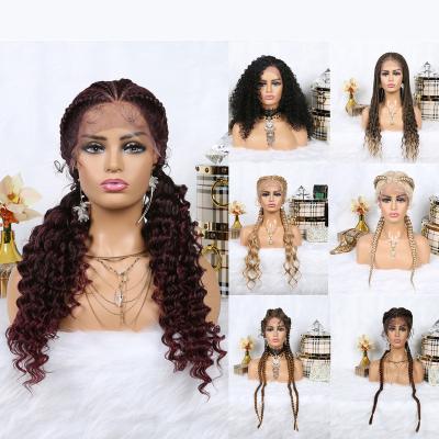 China Popular Braid African Braided Wigs Lace Up Synthetic Premium 24inch Japanese Fiber Curly Tips Front Twist Braided Wigs For Black Women for sale