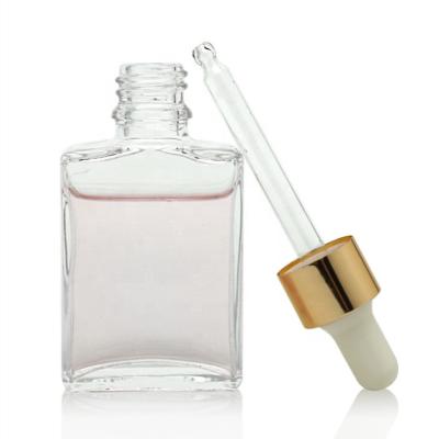 China Personal Skin Care Packaging Bottle 30ml Transparent Square Glass Essential Dropper Bottle for sale