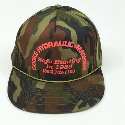 China Wholesale Custom Unstructured Retro 5 Panel Camouflage Rope Trucker Hat 3D Blast Print Snapback Hat COMMON for sale