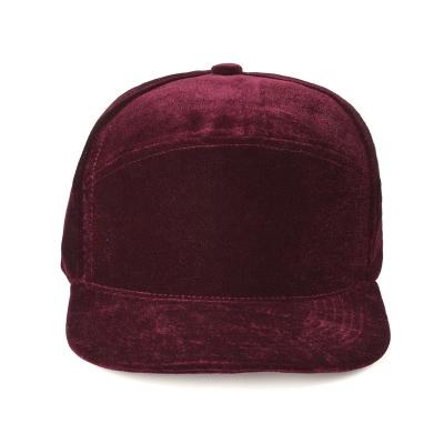 China BURGUNDY Custom JOINT Logo Flat Bill Crushed Velvet Snapback Hat Baseball Cap Unisex Adjustable Soft Blank Men for sale