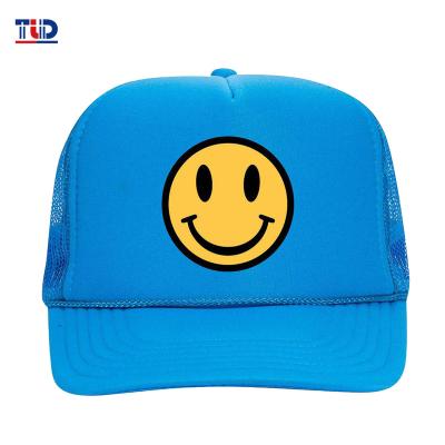 China COMMON Adjustable Blue Slightly Curved Brim Snapback Hat Maker Custom Print Mesh Trucker Hat With Front Rope for sale