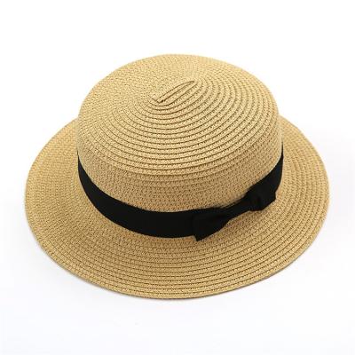 China Women's Straw Boater Hat Fedora Panama Style Flat Top Ribbon Summer Striped for sale