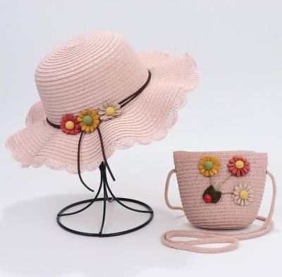 China Large Wide Brim Straw Hat Bag Set Toddler Cute Baby Kids Brim Flower Beach Set for sale