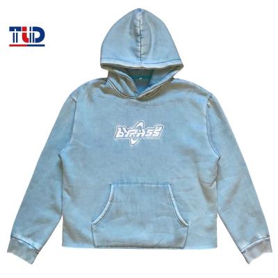 China Anti-wrinkle Streetwear Blue Loose Vintage Washed Heavy Cotton Embroidered Custom Hoodies Unisex Oversized Cropped Boxy Hoodie for sale