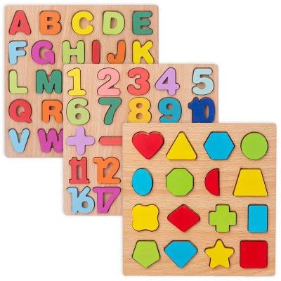 China Eco-friendly Wooden 3D Puzzle Alphabet Number Matching English Cognitive Hand Grasping Board Montessori Early Educational Toys For Children for sale