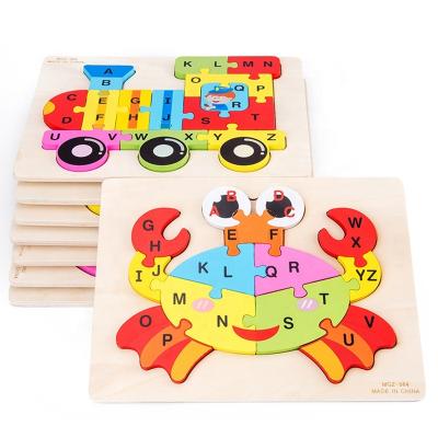 China Eco-Friendly Alphabet Toddler Letter Maker 26 Traffic Shape Animal 3D Color Puzzles Education English Wooden Toys for sale