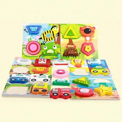 China Wholesale 6 Styles Eco-friendly Baby Car Cartoon 3D Wooden Insects Traffic Animals Matching Puzzle Toys for sale