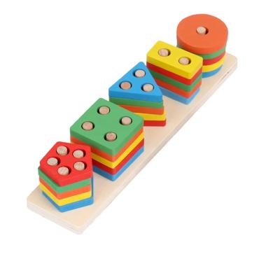 China Eco-Friendly Wholesale Montessori Wooden Educational Toys Five Layer Columns Kids Shape Geometric Disassembly Building Blocks For Children for sale