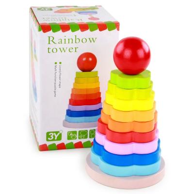 China Eco-friendly Wooden Column Baby High Stack Tower Rainbow Block Toy Kids Early Educational Toys Game for sale