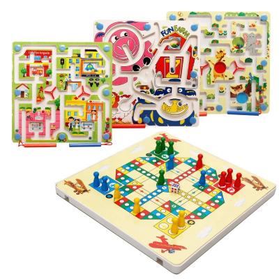 China Eco-Friendly 2 In 1 Game Maze Flying Chess Combination Magnetic Animal Maze Ludo Wooden Toys For Kids Double Sided Montessori for sale