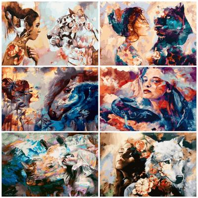 China DIY Modern Colorful Lion and Girl Painting By Numbers Adult Color Painting Wall Art Picture For Living Room Decoration for sale