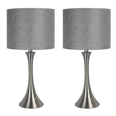 China Modern Brushed Bright Gray Linen Fabric Drum Shades Nickel 2 Bedside Table Lamp Modern Light Set For Laptop Bedroom Home for sale