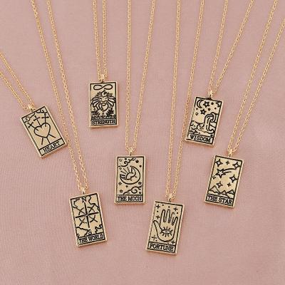 China New Trendy Fashion 18k Gold Plated Engraved Zodiac Horoscope Tarot Card Necklace Women Cube Square Pendant Necklaces for sale