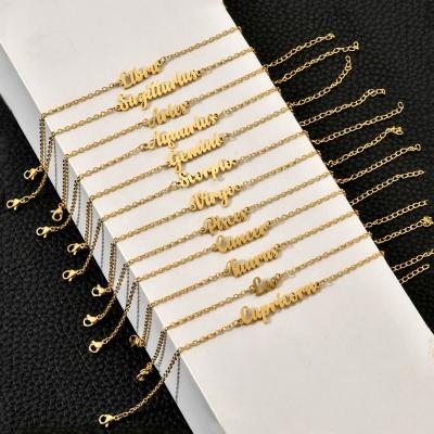 China TRENDY Personalized English Letter Gold Plated Anklet Stainless Steel Foot Jewelry 12 Foot Horoscope Zodiac Anklet for sale