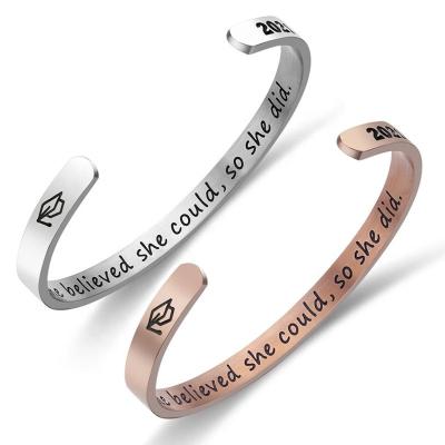 China NEW TRENDY Engraved Phrase Stainless Steel Bangle Customized Open Bangle Inspired Cuff Bangle With Graduation Cap 2021 for sale