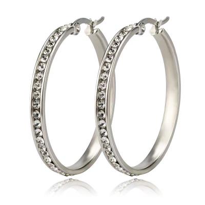 China Hiphop 30-70mm Exaggerated Round Titanium Shiny CZ Steel Crystal Big Circle Hoop Earrings Women Hoop Earrings for sale