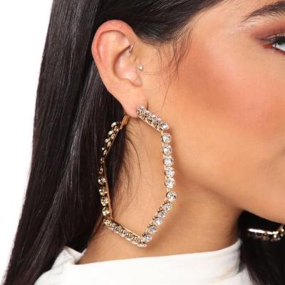 China Hiphop Bling Big Rhinestone Hexagon Circle Earrings Punk Exaggerated Gold Plated Crystal Geometric Large Hoop Earring for sale