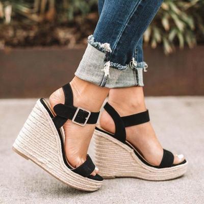 China Fashion Trend Women Wedge Ankle Strap Sandals Tan Platform High Heel Hemp Black Shoes Casual Slip On Plus Size for sale