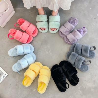 China Fashion Trend Women's Slippers Faux Fur Colorful Furry Flip Flops Warm Indoor Shoes With Strap Flat Casual Home Shoes Winter for sale