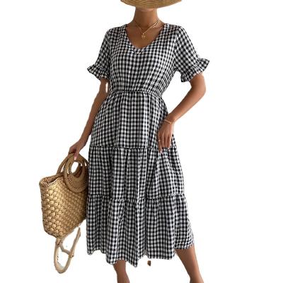 China 2022 Summer New Women's Comfortable Short-sleeved Dress Wholesale Casual Breathable Plaid Elegant V-Neckline Temperament Dress for sale