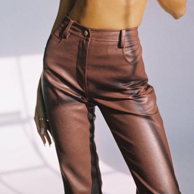 China 2021 Breathable Fashionable Sexy Brown Casual Leather Pants Straight Leg With High Waist Women Leather Pants for sale