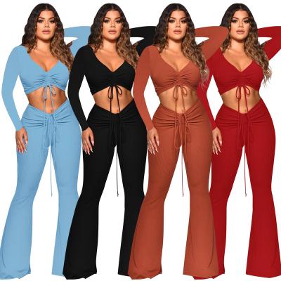 China Factory direct sales Autumn Long-Sleeved Drawstring Crop Top QUICK-DRY flared pants women two-piece set for sale