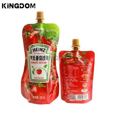 China Recycled Materials Custom Shape Nice Printing Food Grade Anti-leakage Plastic Stand Up Sauce Pouch With Spout for sale