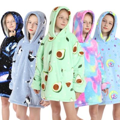 China Custom Print Flannel Kids Oversized Hooded Hoodies Anti-Static Cover Up Wearable Covering Hoodie for sale