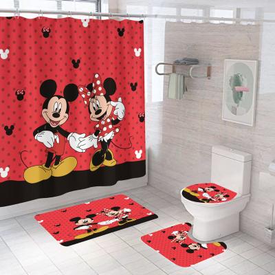 China Modern 4 Pcs Mickey Mouse Anime Custom 3d Printing Bathroom Designers Shower Curtains And Blankets Set for sale