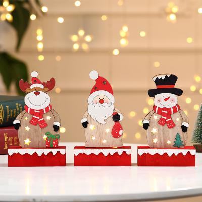 China 2022 Christmas Snowman Standing Figurine Wooden Christmas Craft Flashing Lights Table Decorations Wholesale for sale