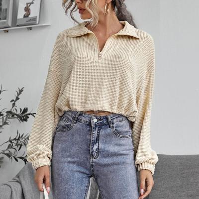 China 2021 Pre-Fall Breathable Women Cropped Zipper Half Placket Drawstring Edge Waffle Knit Sweatshirt for sale