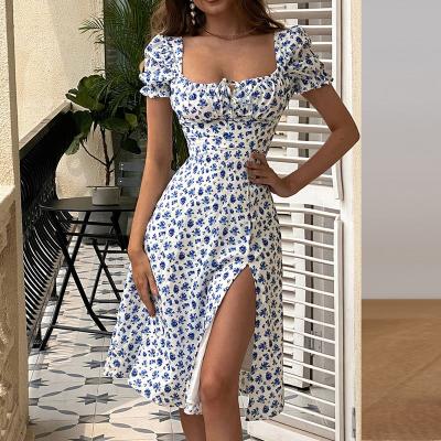 China Fashionable French Style Breathable Square Neck Blue And White All Over Tigh Floral Midi-Dress Split Milker for sale