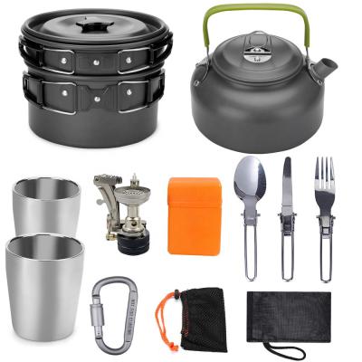 China Multifunctional and portable outdoor aluminum non stick camping easy cooking pans and pots sets kettles with cutlerys and stove for sale