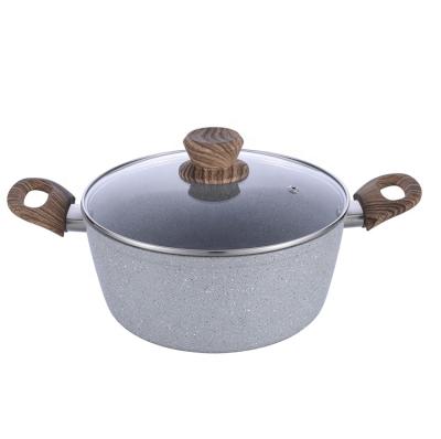 China Sustainable Durable Marble Coating Forged Aluminum Casserole With Wooden Handle for sale