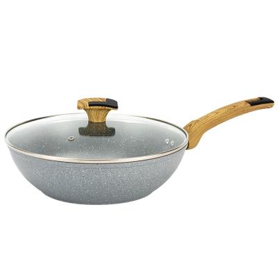 China 28cm durable forged twill pants aluminum non-stick stone wok marble coating with wooden handle for sale