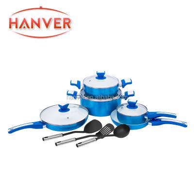 China Sustainable Hot Sale 12 Pcs Metallic Painting Aluminum Cookware Set With Ceramic Coating for sale