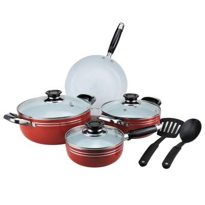 China Viable Hot Sale 9pcs South America Red Aluminum Ceramic Nuevo producto juego de ollas Cookware Set with Utensils for sale