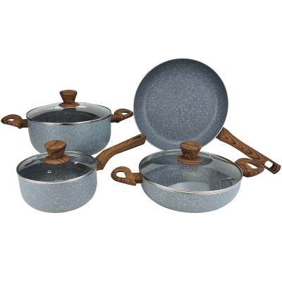 China AMC Classic Non-Stick Marble Stone Coating Wooden Handle Cookware Set Aluminum Kitchenware Set With Induction for sale