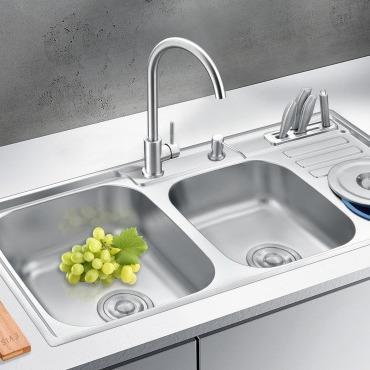 China Without Faucet Chinese Manufacturer Functional Double Bowl With Pressing Waste Bin 9245 Stainless Steel Kitchen Sink for sale