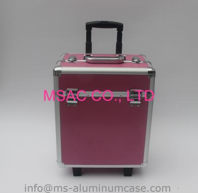 China Pink Trolley Aluminum Beauty Box With Wheels And Large Storage Space for sale